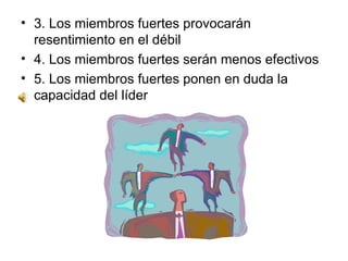 3. Los miembros fuertes provocarán resentimiento en el débil  4. Los miembros fuertes serán menos efectivos  5. Los miembros fuertes ponen en duda la capacidad del líder 