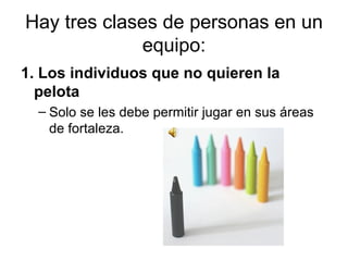 Hay tres clases de personas en un equipo: 1. Los individuos que no quieren la pelota Solo se les debe permitir jugar en sus áreas de fortaleza.  