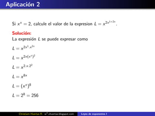 Aplicaci´n 2
        o

                                                                              1+2x
  Si x x = 2, calcule el valor de la expresion L = x 2x                              .

  Soluci´n:
        o
  La expresi´n L se puede expresar como
            o
             1 .x 2x
  L = x 2x
                x )2
  L = x 2x(x
                2
  L = x 2.x.2

  L = x 8x

  L = (x x )8

  L = 28 = 256


     Christiam Huertas R. w3 .xhuertas.blogspot.com   Leyes de exponentes I
 