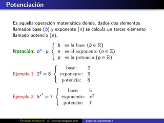 Potenciaci´n
          o

  Es aquella operaci´n matem´tica donde, dados dos elementos
                    o         a
  llamados base (b) y exponente (n) se calcula un tercer elemento
  llamado potencia (p).
                    
                     b es la base (b ∈ R)
  Notaci´n: b
         o     n =p     n es el exponente (n ∈ Z)
                        p es la potencia (p ∈ R)
                    
                      
                           base:    2
  Ejemplo 1: 23 = 8      exponente: 3
                          potencia: 8
                      
                      
                            base:    5
  Ejemplo 2: 5 x2 = 7     exponente: x 2
                           potencia: 7
                      



     Christiam Huertas R. w3 .xhuertas.blogspot.com   Leyes de exponentes I
 