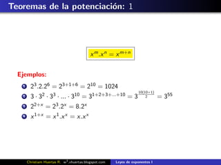 Teoremas de la potenciaci´n: 1
                         o




                                            x m .x n = x m+n


  Ejemplos:
   1     23 .2.26 = 23+1+6 = 210 = 1024
                                                                    10(10+1)
   2     3 · 32 · 33 · ... · 310 = 31+2+3+...+10 = 3                    2       = 355
   3     22+x = 23 .2x = 8.2x
   4     x 1+x = x 1 .x x = x.x x




       Christiam Huertas R. w3 .xhuertas.blogspot.com   Leyes de exponentes I
 