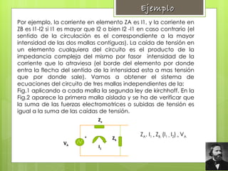 Por ejemplo, la corriente en elemento ZA es I1, y la corriente en ZB es I1-I2 si I1 es mayor que I2 o bien I2 -I1 en caso contrario (el sentido de la circulación es el correspondiente a la mayor intensidad de las dos mallas contiguas). La caída de tensión en un elemento cualquiera del circuito es el producto de la impedancia compleja del mismo por fasor  intensidad de la corriente que lo atraviesa (el borde del elemento por donde entra la flecha del sentido de la intensidad esta a mas tensión que por donde sale). Vamos a obtener el sistema de ecuaciones del circuito de tres mallas independientes de la: Fig.1 aplicando a cada malla la segunda ley de kirchhoff. En la Fig.2 aparece la primera malla aislada y se ha de verificar que la suma de las fuerzas electromotrices o subidas de tensión es igual a la suma de las caídas de tensión.  Z a I 1 Z b V A +             Z A . I 1 +  Z B.  (I 1 –  I 2 )  =  V A Ejemplo 