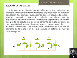 ELECCIÓN DE LAS MALLAS.  La solución de un circuito por el método de las corrientes de mallas se simplifica extraordinariamente eligiendo bien las mallas a considerar. Por ejemplo, supongamos que en circuito de la Fig.1 solo es necesario conocer la corriente que circula por la impedancia ZB; lomas cómodo será resolver el problema de forma que por ZB no circule más que una corriente de malla, es decir, es decir que dicha impedancia no pertenezca mas a una malla.  En estas condiciones, solo habrá que determinar el valor de la corriente de la malla  I 1  en la  Fig.3 se pueden obtener las nuevas mallas elegidas.  ELECCIÓN DE LAS MALLAS Z a Z c Z e V A V B I 1 I 2 I 3 Z b Z d + + 