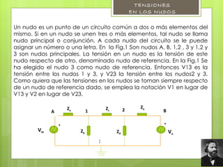 Un nudo es un punto de un circuito común a dos o más elementos del mismo. Si en un nudo se unen tres o más elementos, tal nudo se llama nudo principal o conjunción. A cada nudo del circuito se le puede asignar un número o una letra. En  la Fig.1 Son nudos A, B, 1,2 , 3 y 1,2 y 3 son nudos principales. La tensión en un nudo es la tensión de este nudo respecto de otro, denominado nudo de referencia. En la Fig.1 Se ha elegido el nudo 3 como nudo de referencia. Entonces V13 es la tensión entre los nudos 1 y 3, y V23 la tensión entre los nudos2 y 3. Como quiera que las tensiones en los nudos se toman siempre respecto de un nudo de referencia dado, se emplea la notación V1 en lugar de V13 y V2 en lugar de V23. TENSIONES  EN LOS NUDOS  Z a Z c Z e A 1 2 B 3 V m V n Z b Z d + + 