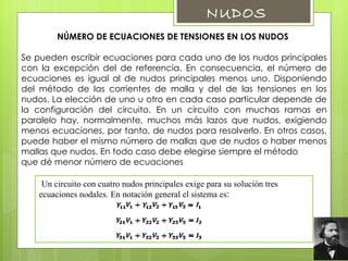 NÚMERO DE ECUACIONES DE TENSIONES EN LOS NUDOS  Se pueden escribir ecuaciones para cada uno de los nudos principales con la excepción del de referencia. En consecuencia, el número de ecuaciones es igual al de nudos principales menos uno. Disponiendo del método de las corrientes de malla y del de las tensiones en los nudos. La elección de uno u otro en cada caso particular depende de la configuración del circuito. En un circuito con muchas ramas en paralelo hay, normalmente, muchos más lazos que nudos, exigiendo menos ecuaciones, por tanto, de nudos para resolverlo. En otros casos, puede haber el mismo número de mallas que de nudos o haber menos mallas que nudos. En todo caso debe elegirse siempre el método  que dé menor número de ecuaciones   Un circuito con cuatro nudos principales exige para su solución tres ecuaciones nodales. En notación general el sistema es : NUDOS  
