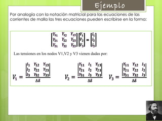 Por analogía con la notación matricial para las ecuaciones de las corrientes de malla las tres ecuaciones pueden escribirse en la forma: Ejemplo  Las tensiones en los nodos V1,V2 y V3 vienen dadas por:   