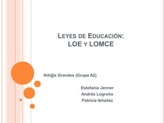 LEYES DE EDUCACIÓN:
LOE Y LOMCE
Niñ@s Grandes (Grupo A2)
Estefanía Jenner
Andrés Logroño
Patricia Ibñañez
 