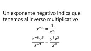 Un exponente negativo indica que
tenemos al inverso multiplicativo
𝑥−𝑛 =
1
𝑥𝑛
𝑥−8𝑦5
𝑧−3
=
𝑦5𝑧3
𝑥8