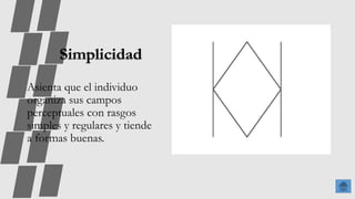 Simplicidad
Asienta que el individuo
organiza sus campos
perceptuales con rasgos
simples y regulares y tiende
a formas buenas.
 