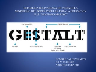 REPUBLICA BOLIVARIANA DE VENEZUELA
MINISTERIO DEL PODER POPULAR PARA LA EDUCACION
I.U.P “SANTIAGO MARIÑO”
NOMBRE:CARIELVIS MATA
C.I: V- 27.125.402
ARQUITECTURA (41)
 