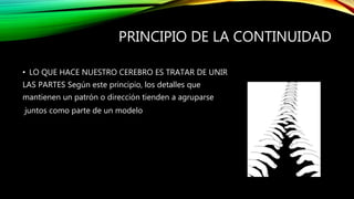 PRINCIPIO DE LA CONTINUIDAD
• LO QUE HACE NUESTRO CEREBRO ES TRATAR DE UNIR
LAS PARTES Según este principio, los detalles que
mantienen un patrón o dirección tienden a agruparse
juntos como parte de un modelo.
 