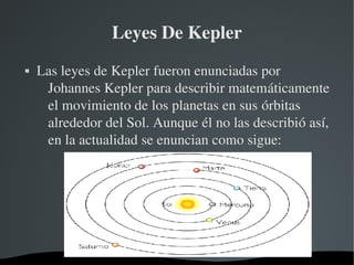 Leyes De Kepler
   Las leyes de Kepler fueron enunciadas por 
     Johannes Kepler para describir matemáticamente 
     el movimiento de los planetas en sus órbitas 
     alrededor del Sol. Aunque él no las describió así, 
     en la actualidad se enuncian como sigue:




                       
 