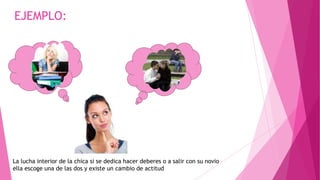 EJEMPLO:

La lucha interior de la chica si se dedica hacer deberes o a salir con su novio
ella escoge una de las dos y existe un cambio de actitud

 