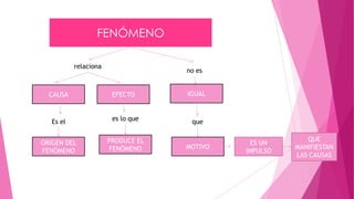 FENÓMENO
relaciona

CAUSA

no es

EFECTO

Es el

es lo que

ORIGEN DEL
FENÓMENO

PRODUCE EL
FENÓMENO

IGUAL

que

MOTIVO

ES UN
IMPULSO

QUE
MANIFIESTAN
LAS CAUSAS

 