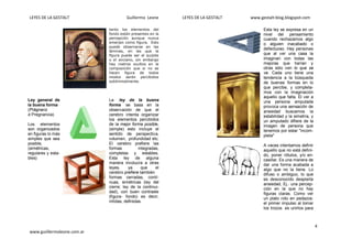 LEYES DE LA GESTALT Guillermo Leone LEYES DE LA GESTALT www.gestalt-blog.blogspot.com
4
www.guiillermoleone.com.ar
tanto los elementos del
fondo están presentes en la
percepción aunque nunca
emerjan como figura. Esto
puede observarse en las
láminas, en las que la
figura puede ser el quijote
o el anciano, sin embargo
hay rostros ocultos en la
composición que si no se
hacen figura de todos
modos serán percibidos
subliminalmente.
Ley general de
la buena forma
(Prägnanz
ó Pregnancia)
Los elementos
son organizados
en figuras lo más
simples que sea
posible,
(simétricas,
regulares y esta-
bles)
La ley de la buena
forma se basa en la
observación de que el
cerebro intenta organizar
los elementos percibidos
de la mejor forma posible,
(simple) esto incluye el
sentido de perspectiva,
volumen, profundidad etc.
El cerebro prefiere las
formas integradas,
completas y estables.
Esta ley de alguna
manera involucra a otras
leyes, ya que el
cerebro prefiere también
formas cerradas, contí-
nuas, simétricas (ley del
cierre; ley de la continui-
dad), con buen contraste
(figura- fondo) es decir,
nítidas, definidas.
Esta ley se expresa en un
nivel del pensamiento
cuando rechazamos algo
o alguien inacabado o
defectuoso. Hay personas
que al ver una casa la
imaginan con todas las
mejoras que harían y
otras sólo ven lo que se
ve. Cada uno tiene una
tendencia a la búsqueda
de buenas formas en lo
que percibe, y completa-
mos con la imaginación
aquello que falta. El ver a
una persona amputada
provoca una sensación de
ansiedad buscamos la
estabilidad y la simetría, y
un amputado difiere de la
imagen de persona que
tenemos por estar "incom-
pleta"
A veces intentamos definir
aquello que no está defini-
do, poner rótulos, y/o en-
casillar. Es una manera de
dar una forma acabada a
algo que no la tiene. Lo
difuso o ambiguo, lo que
es desconocido despierta
ansiedad, Ej.: una percep-
ción en la que no hay
figuras claras. Como ver
un plato roto en pedazos:
el primer impulso al tomar
los trozos es unirlos para
 