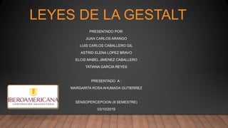 LEYES DE LA GESTALT
PRESENTADO POR:
JUAN CARLOS ARANGO
LUIS CARLOS CABALLERO GIL
ASTRID ELENA LOPEZ BRAVO
ELCIS MABEL JIMENEZ CABALLERO
TATIANA GARCIA REYES
PRESENTADO A :
MARGARITA ROSA AHUMADA GUTIERREZ
SENSOPERCEPCION (II SEMESTRE)
03/10/2019
 