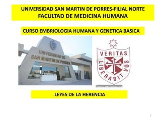 1
UNIVERSIDAD SAN MARTIN DE PORRES-FILIAL NORTE
FACULTAD DE MEDICINA HUMANA
CURSO EMBRIOLOGIA HUMANA Y GENETICA BASICA
LEYES DE LA HERENCIA
 