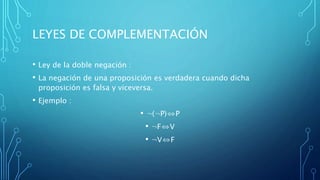 LEYES DE COMPLEMENTACIÓN
• Ley de la doble negación :
• La negación de una proposición es verdadera cuando dicha
proposición es falsa y viceversa.
• Ejemplo :
• ¬(¬P)⇔P
• ¬F⇔V
• ¬V⇔F
 