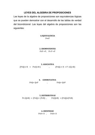 LEYES DEL ALGEBRA DE PROPOSICIONES
Las leyes de la algebra de proposiciones son equivalencias lógicas
que se pueden demostrar con el desarrollo de las tablas de verdad
del bicondicional. Las leyes del algebra de proposiciones son las
siguientes:
1.EQUIVALENCIA
P⇔P
2. IDEMPOTENTES
P∧P =P , P∨ P =P
3. ASOCIATIVA
(P∨Q) ∨ R = P∨(Q ∨R ) , (P∧Q) ∧ R = P ∧(Q ∧R)
4. CONMUTATIVA
P∨Q= Q∨P , P∧Q= Q∧P
5. DISTRIBUTIVAS
P∨ (Q∧R) = (P∧Q) ∧ (P∨R) , P∧(Q∨R) = (P∧Q)∨(P∧R)
6. IDENTIDAD
P∨0= 0 , P∧0= 0
 