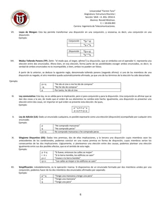 Universidad “Fermín Toro”
Asignatura: Estructura Discreta I
Sección: SAIA – A. Año: 2016-4.
Alumno: Ronald Wielman.
C. I. 18.656.843
Carrera: Ingeniería de Telecomunicaciones.
6
VII. Leyes de Morgan: Esta ley permite transformar una disyunción en una conjunción, y viceversa, es decir, una conjunción en una
disyunción.
Ejemplo:
Conjunción ~(p ^ q)
~p v ~q
Disyunción ~(p v q)
~p ^ ~q
VIII. Modus Tollendo Ponens (TP): [latín: "el modo que, al negar, afirma"] La disyunción, que se simboliza con el operador V, representa una
elección entre dos enunciados. Ahora bien, en esa elección, forma parte de las posibilidades escoger ambos enunciados, es decir, la
verdad de ambos enunciados no es incompatible, si bien, ambos no pueden ser falsos.
A partir de lo anterior, se deduce la siguiente regla, denominada tollendo ponens (negando afirmo): si uno de los miembros de una
disyunción es negado, el otro miembro queda automáticamente afirmado, ya que uno de los términos de la elección ha sido descartado.
Ejemplo:
p v q
¬q
“He ido al cine o me he ido de compras”
“No he ido de compras”
p Por tanto, he ido al cine
IX. Ley conmutativa: Esta ley, no es válida para la implicación, pero sí para conjunción y para la disyunción. Una conjunción es afirmar que se
dan dos cosas a la vez, de modo que el orden de sus elementos no cambia este hecho. Igualmente, una disyunción es presentar una
elección entre dos cosas, sin importar en qué orden se presente esta elección. Así pues,
Ejemplo:
p ^ q ↔ q ^ p
p v q ↔ q v p
X. Ley de Adición (LA): Dado un enunciado cualquiera, es posible expresarlo como una elección (disyunción) acompañado por cualquier otro
enunciado.
Ejemplo:
p
q
“He comprado manzanas”
“He comprado peras”
p v q He comprado manzanas o he comprado peras
XI. Silogismo Disyuntivo (DS): Dadas tres premisas, dos de ellas implicaciones, y la tercera una disyunción cuyos miembros sean los
antecedentes de los condicionales, podemos concluir en una nueva premisa en forma de disyunción, cuyos miembros serían los
consecuentes de las dos implicaciones. Lógicamente, si planteamos una elección entre dos causas, podemos plantear una elección
igualmente entre sus dos posibles efectos, que es el sentido de esta regla.
Ejemplo:
p → q
r → s
p v r
“Si llueve, entonces las calles se mojan”
“Si la tierra tiembla, los edificios se caen”
“Llueve o la tierra tiembla”
q v s “Las calles se mojan o los edificios se caen”
XII. Simplificación: indudablemente, es la operación inversa. Si disponemos de un enunciado formado por dos miembros unidos por una
conjunción, podemos hacer de los dos miembros dos enunciados afirmados por separado.
Ejemplo:
p ^ q “Tengo una manzana y tengo una pera”
p
q
“Tengo una manzana”
“Tengo una pera”
 