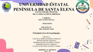 UNIVERSIDAD ESTATAL
PENÍNSULA DE SANTA ELENA
FACULTAD DE CIENCIAS
DE LA EDUCACIÓN E IDIOMAS
CARRERA:
EDUCACIÓN INICIAL
PEDAGOGÍA
DOCENTE (S)
PhD. JOSEPH TARO
Principales leyes de la pedagogía.
GRUPO #1:
VALENCIA MERO GENESSIS JAMILETH
MUÑOZ MUÑOZ JOHANNA
BORBOR AQUINO JENNIFER NOEMÍ
BORBOR MANUEL ENRIQUE
CASTILLO BELTRÁN JULISSA YADIRA
PERÍODO ACADÉMICO
 