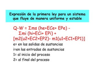 Expresión de la primera ley para un sistema que fluye de manera uniforme y estable Q-W =  Σ ms (he+ECe+ EPe) -  Σ mi (hi+ECi+ EPi) +  [ m2(u2+EC2+EP2)- m1(u1+EC1+EP1) ]   e= en las salidas de sustancias i=en las entradas de sustancias 1= al inicio del proceso 2= al final del proceso 