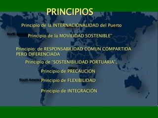 PRINCIPIOS
Principio de la INTERNACIONALIDAD del Puerto
Principio de la MOVILIDAD SOSTENIBLE”
Principio: de RESPONSABILIDAD COMUN COMPARTIDA
PERO DIFERENCIADA
Principio de “SOSTENIBILIDAD PORTUARIA”,
Principio de PRECAUCION
Principio de FLEXIBILIDAD
Principio de INTEGRACIÓN
 