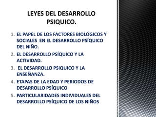 1. EL PAPEL DE LOS FACTORES BIOLÓGICOS Y
   SOCIALES EN EL DESARROLLO PSÍQUICO
   DEL NIÑO.
2. EL DESARROLLO PSÍQUICO Y LA
   ACTIVIDAD.
3. EL DESARROLLO PSIQUICO Y LA
   ENSEÑANZA.
4. ETAPAS DE LA EDAD Y PERIODOS DE
   DESARROLLO PSÍQUICO
5. PARTICULARIDADES INDIVIDUALES DEL
   DESARROLLO PSÍQUICO DE LOS NIÑOS
 