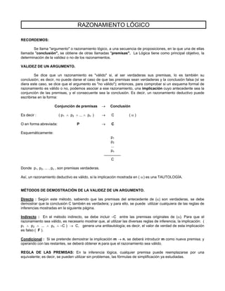 RAZONAMIENTO LÓGICO
RECORDEMOS:
Se llama "argumento" o razonamiento lógico, a una secuencia de proposiciones, en la que una de ellas
llamada "conclusión", se obtiene de otras llamadas "premisas". La Lógica tiene como principal objetivo, la
determinación de la validez o no de los razonamientos.
VALIDEZ DE UN ARGUMENTO.
Se dice que un razonamiento es "válido" si, al ser verdaderas sus premisas, lo es también su
conclusión; es decir, no puede darse el caso de que las premisas sean verdaderas y la conclusión falsa (sí se
diera este caso, se dice que el argumento es "no válido"); entonces, para comprobar si un esquema formal de
razonamiento es válido o no, podemos asociar a ese razonamiento, una implicación cuyo antecedente sea la
conjunción de las premisas, y el consecuente sea la conclusión. Es decir, un razonamiento deductivo puede
escribirse en la forma:
Conjunción de premisas → Conclusión
Es decir : ( p1 ∧ p2 ∧ ... ∧ pn ) → C ( α )
O en forma abreviada: P → C
Esquemáticamente:
p1
p2
...
pn
C
Donde p1, p2, ... , pn , son premisas verdaderas.
Así, un razonamiento deductivo es válido, si la implicación mostrada en ( α) es una TAUTOLOGÍA.
MÉTODOS DE DEMOSTRACIÓN DE LA VALIDEZ DE UN ARGUMENTO.
Directo : Según este método, sabiendo que las premisas del antecedente de (α) son verdaderas, se debe
demostrar que la conclusión C también es verdadera; y para ello, se puede utilizar cualquiera de las reglas de
inferencias mostradas en la siguiente página.
Indirecto : En el método indirecto, se debe incluir ∼C entre las premisas originales de (α). Para que el
razonamiento sea válido, es necesario mostrar que, al utilizar las diversas reglas de inferencia, la implicación: (
p1 ∧ p2 ∧ ... ∧ pn ∧ ∼C ) → C, genera una antitautología; es decir, el valor de verdad de esta implicación
es falso ( F ).
Condicional : Si se pretende demostrar la implicación m → n, se deberá introducir m como nueva premisa; y
operando con las restantes, se deberá obtener n para que el razonamiento sea válido.
REGLA DE LAS PREMISAS: En la inferencia lógica, cualquier premisa puede reemplazarse por una
equivalente; es decir, se pueden utilizar sin problemas, las fórmulas de simplificación ya estudiadas.
 