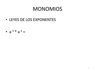 MONOMIOSLEYES DE LOS EXPONENTESa 3 * a 2 =6