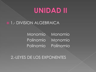 UNIDAD II 1.- DIVISION ALGEBRAICA Monomio ÷  Monomio Polinomio ÷  Monomio Polinomio ÷  Polinomio     2.-LEYES DE LOS EXPONENTES 