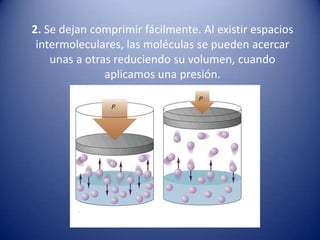 2. Se dejan comprimir fácilmente. Al existir espacios intermoleculares, las moléculas se pueden acercar unas a otras reduciendo su volumen, cuando aplicamos una presión. 