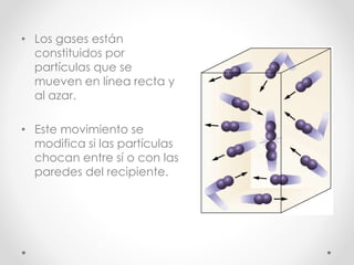 • Los gases están 
constituidos por 
partículas que se 
mueven en línea recta y 
al azar. 
• Este movimiento se 
modifica si las partículas 
chocan entre sí o con las 
paredes del recipiente. 
 