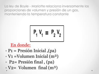 La ley de Boyle - Mariotte relaciona inversamente las 
proporciones de volumen y presión de un gas, 
manteniendo la temperatura constante 
 
