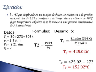  1.- El gas confinado en un tanque de buceo, se encuentra a la presión 
manométrica de 2.21 atmosferas a la temperatura ambiente de 30°C 
¿Qué temperatura adquiere si se le somete a una presión manométrica 
de 3.1 atmosferas? 
Formulas: 
T2 = 
푃2푇1 
푃1 
Desarrollo: 
T2 = 
3.1푎푡푚 (303K) 
2.21푎푡푚 
T2 = 425.02퐾 
T2 = 425.02 − 273 
T2 = 152.02°퐶 
Datos: 
푇1= 30+273=303k 
푝1=3.1atm 
푃2= 2.21 atm 
푇2= ? 
 
