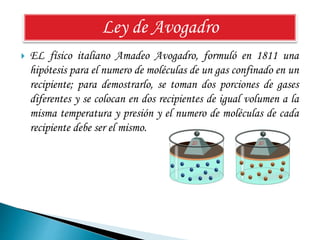 Ley de Avogadro 
 EL físico italiano Amadeo Avogadro, formuló en 1811 una 
hipótesis para el numero de moléculas de un gas confinado en un 
recipiente; para demostrarlo, se toman dos porciones de gases 
diferentes y se colocan en dos recipientes de igual volumen a la 
misma temperatura y presión y el numero de moléculas de cada 
recipiente debe ser el mismo. 
 