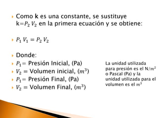  Como k es una constante, se sustituye 
k=푃2 푉2 en la primera ecuación y se obtiene: 
 푃1 푉1 = 푃2 푉2 
 Donde: 
 푃1= Presión Inicial, (Pa) 
 푉2 = Volumen inicial, (푚3) 
 푃1= Presión Final, (Pa) 
 푉2 = Volumen Final, (푚3) 
La unidad utilizada 
para presión es el N/푚2 
o Pascal (Pa) y la 
unidad utilizada para el 
volumen es el 푚3 
 