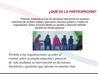 “Proceso mediante el cual las personas intervienen en acciones
colectivas de carácter público, que tienen diversos grados o niveles de
organización. Estas acciones tienen un sentido o dirección definido
también en forma colectiva”
¿QUÉ ES LA PARTICIPACIÓN?
Permite a las organizaciones acceder al
control sobre su propia situación y proyecto
de vida mediante su intervención en decisiones,
iniciativas y gestiones que afectan su entorno vital.
 