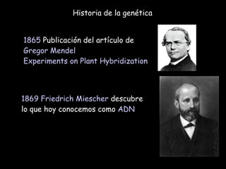 Historia de la genética 1865  Publicación del artículo de  Gregor Mendel   Experiments on Plant Hybridization 1869   Friedrich Miescher  descubre lo que hoy conocemos como  ADN 