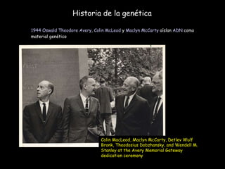 Historia de la genética 1944   Oswald Theodore Avery ,  Colin McLeod  y  Maclyn McCarty  aíslan  ADN  como material genético Colin MacLeod, Maclyn McCarty, Detlev Wulf Bronk, Theodosius Dobzhansky, and Wendell M. Stanley at the Avery Memorial Gateway dedication ceremony  
