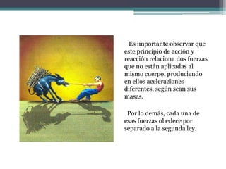        Es importante observar que este principio de acción y reacción relaciona dos fuerzas que no están aplicadas al mismo cuerpo, produciendo en ellos aceleraciones diferentes, según sean sus masas.       Por lo demás, cada una de esas fuerzas obedece por separado a la segunda ley.
