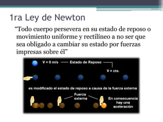 1ra Ley de Newton  “Todo cuerpo persevera en su estado de reposo o movimiento uniforme y rectilíneo a no ser que sea obligado a cambiar su estado por fuerzas impresas sobre él”