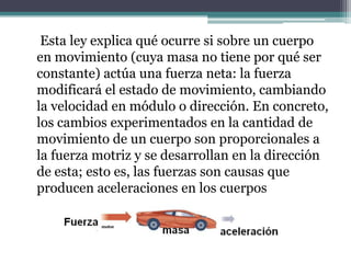     Esta ley explica qué ocurre si sobre un cuerpo en movimiento (cuya masa no tiene por qué ser constante) actúa una fuerza neta: la fuerza modificará el estado de movimiento, cambiando la velocidad en módulo o dirección. En concreto, los cambios experimentados en la cantidad de movimiento de un cuerpo son proporcionales a la fuerza motriz y se desarrollan en la dirección de esta; esto es, las fuerzas son causas que producen aceleraciones en los cuerpos
