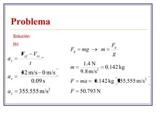 Problema
     Solución
     (b)                                        Fg
                          Fg   mg         m
           Vxf Vxi                               g
ax
               t                1.4 N
                          m                   0.142 kg
           32 m/s 0 m/s        9.8 m/s2
ax
               0.09 s     F    ma    0.142 kg 355.555 m/s2
ax         355.555 m/s2   F    50.793 N
 