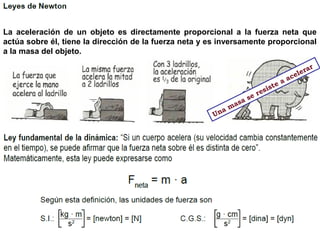 La aceleración de un objeto es directamente proporcional a la fuerza neta que
actúa sobre él, tiene la dirección de la fuerza neta y es inversamente proporcional
a la masa del objeto.
Una masa se resiste a acelerar
 