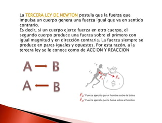 La TERCERA LEY DE NEWTON postula que la fuerza que 
impulsa un cuerpo genera una fuerza igual que va en sentido 
contrario. 
Es decir, si un cuerpo ejerce fuerza en otro cuerpo, el 
segundo cuerpo produce una fuerza sobre el primero con 
igual magnitud y en dirección contraria. La fuerza siempre se 
produce en pares iguales y opuestos. Por esta razón, a la 
tercera ley se le conoce como de ACCION Y REACCION 
 