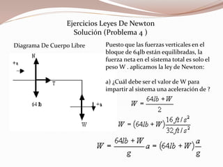 Ejercicios Leyes De Newton
Solución (Problema 4 )
Diagrama De Cuerpo Libre Puesto que las fuerzas verticales en el
bloque de 64lb están equilibradas, la
fuerza neta en el sistema total es solo el
peso W . aplicamos la ley de Newton:
a) ¿Cuál debe ser el valor de W para
impartir al sistema una aceleración de ?
 