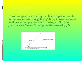 Solución
 Como se aprecia en la fi gura , las componentes de
la fuerza de 60 N son 39 N y 46 N. a) El tirón sobre el
suelo es la componente horizontal, 46 N. b) La
fuerza elevadora es la componente vertical, 39 N.
 