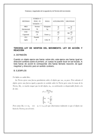 TERCERA LEY DE NEWTON DEL MOVIMIENTO. LEY DE ACCIÓN Y
REACCIÓN
A. DEFINICIÓN
Cuando un objeto ejerce una fuerza sobre otro, este ejerce una fuerza igual en
dirección contraria sobre el primero, un cuerpo no puede tocar sin ser tocado. A
toda fuerza de acción le corresponde otra fuerza llamada reacción, de igual
magnitud y dirección; pero en sentido contrario.
B. EJEMPLOS
 