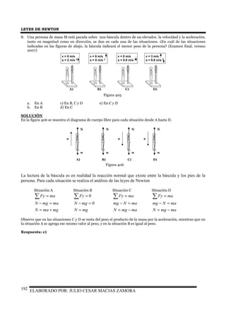 LEYES DE NEWTON
ELABORADO POR: JULIO CESAR MACIAS ZAMORA192
8. Una persona de masa M está parada sobre una báscula dentro de un elevador, la velocidad y la aceleración,
tanto en magnitud como en dirección, se dan en cada una de las situaciones. ¿En cuál de las situaciones
indicadas en las figuras de abajo, la báscula indicará el menor peso de la persona? (Examen final, verano
2007)
B)
v = 6 m/s
a = 0 m/s 2
A)
v = 0 m/s
a = 2 m/s 2
C)
v = 0 m/s
a = 9.8 m/s 2
D)
v = 3 m/s
a = 9.8 m/s 2
a. En A c) En B, C y D e) En C y D
b. En B d) En C
SOLUCIÓN
En la figura 406 se muestra el diagrama de cuerpo libre para cada situación desde A hasta D.
N
w
a
N
w
N
w
a
N
w
a
A) B) C) D)
La lectura de la báscula es en realidad la reacción normal que existe entre la báscula y los pies de la
persona. Para cada situación se realiza el análisis de las leyes de Newton
Situación A Situación B Situación C Situación D
mgmaN
mamgN
maFy
+=
=−
=∑
mgN
mgN
Fy
=
=−
=∑
0
0
mamgN
maNmg
maFy
−=
=−
=∑
mamgN
maNmg
maFy
−=
=−
=∑
Observe que en las situaciones C y D se resta del peso el producto de la masa por la aceleración, mientras que en
la situación A se agrega ese mismo valor al peso, y en la situación B es igual al peso.
Respuesta: e)
Figura 405
Figura 406
 